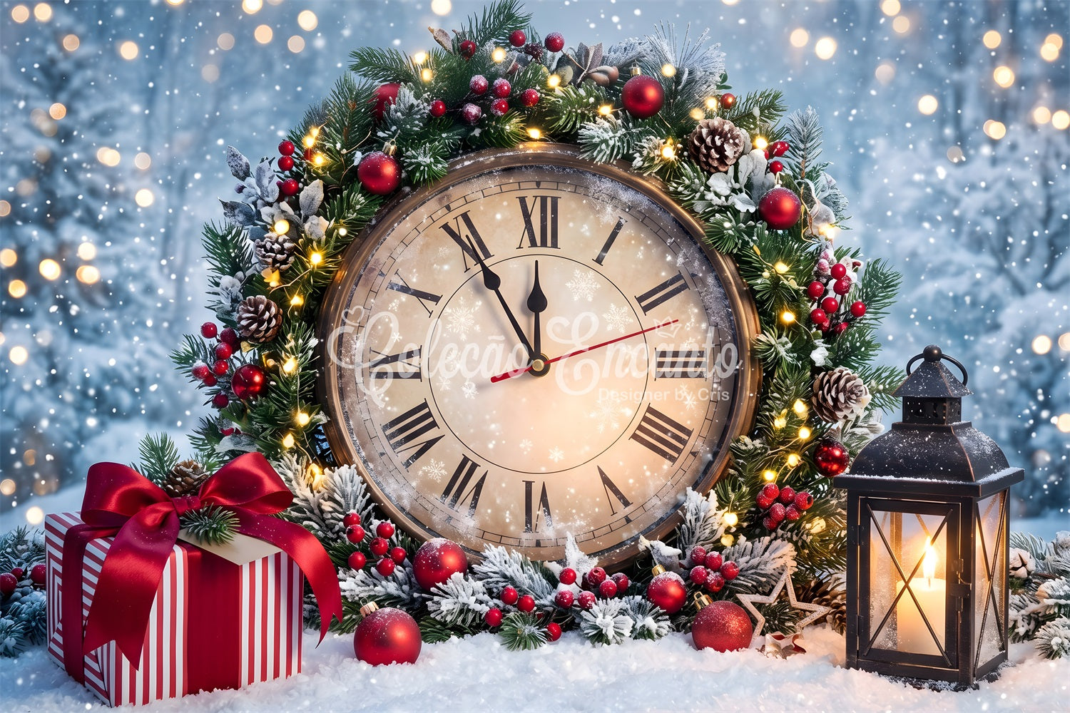 Christmas Backdrop Snowy Midnight Clock Wreath Lantern Christmas Backdrop CEM65-86