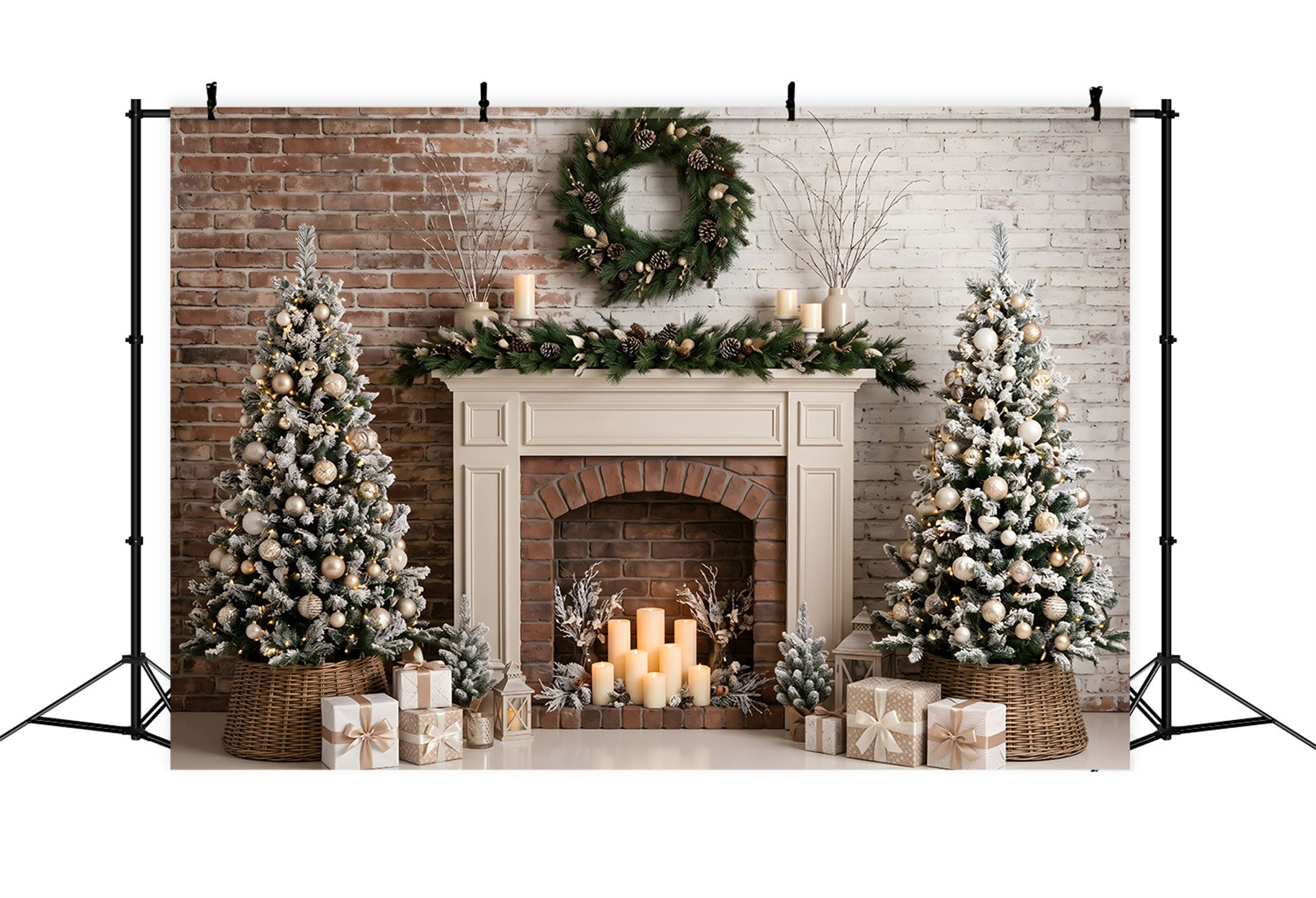 Christmas Backdrop Photography Frosted Fireplace Candle Trees Christmas Photo Backdrop CEM65-88
