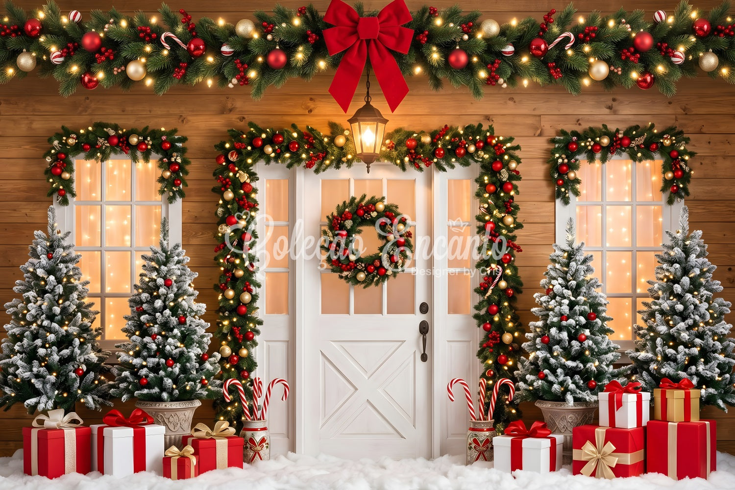 Christmas Photo Backdrop Ideas Red Bow Door Garland Gifts Christmas Backdrop Ideas CEM65-90
