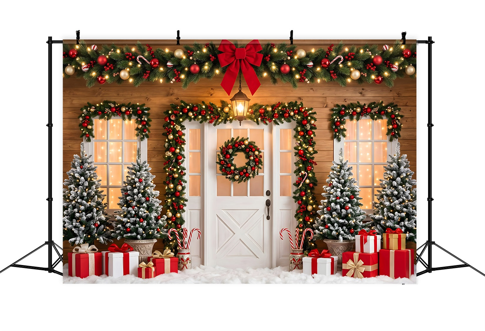 Christmas Photo Backdrop Ideas Red Bow Door Garland Gifts Christmas Backdrop Ideas CEM65-90
