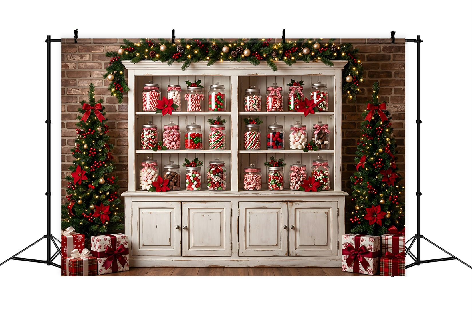 Christmas Photo Booth Backdrop Candy Jar Cabinet Poinsettia Trees Christmas Backdrops CEM65-91