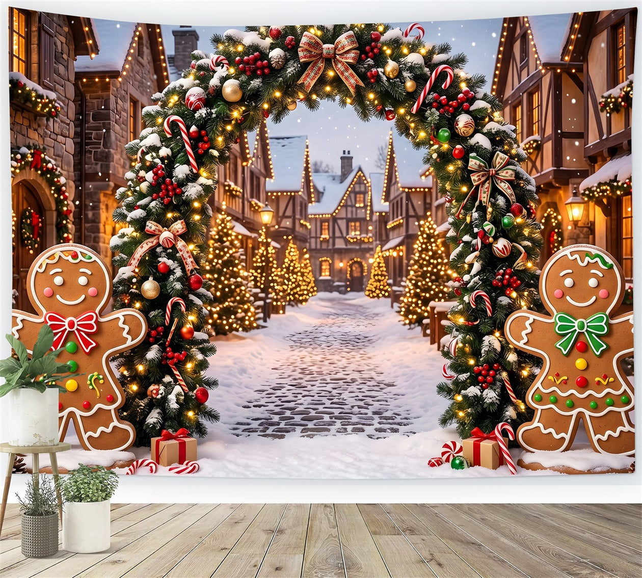 Elegant Christmas Backdrop Gingerbread Snow Village Light Arch Xmas Backdrops CEM65-92