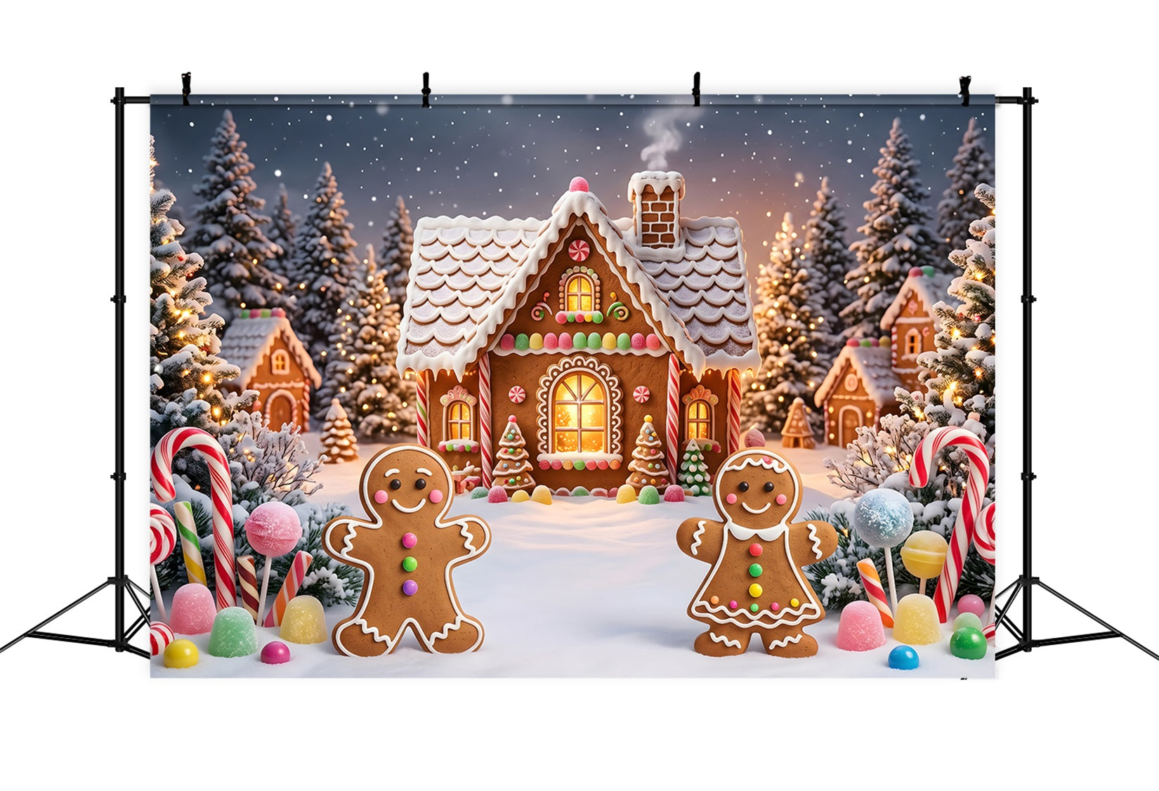Christmas Village Backdrop Gingerbread Cottage Snow Forest Christmas Backdrops CEM65-93