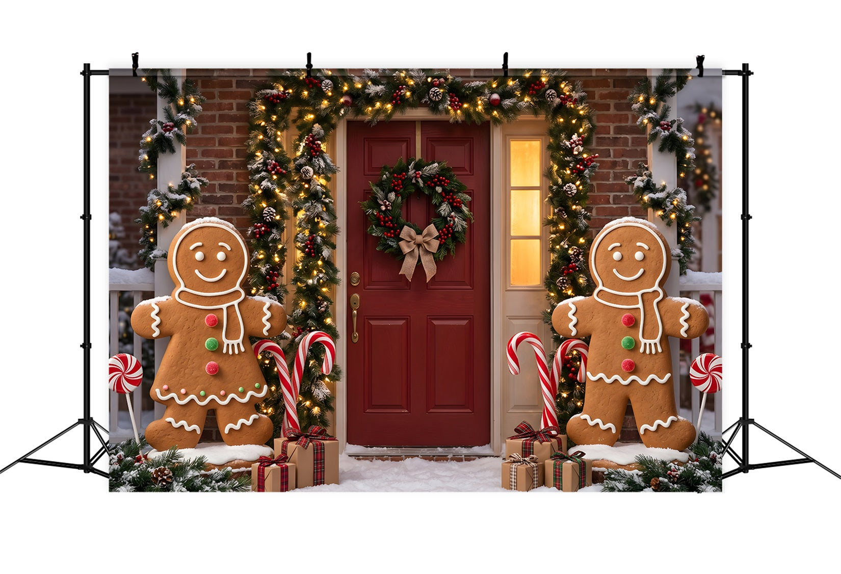 Backdrop Christmas Gingerbread Door Garland Candy Canes Christmas Photography Backdrop CEM65-94