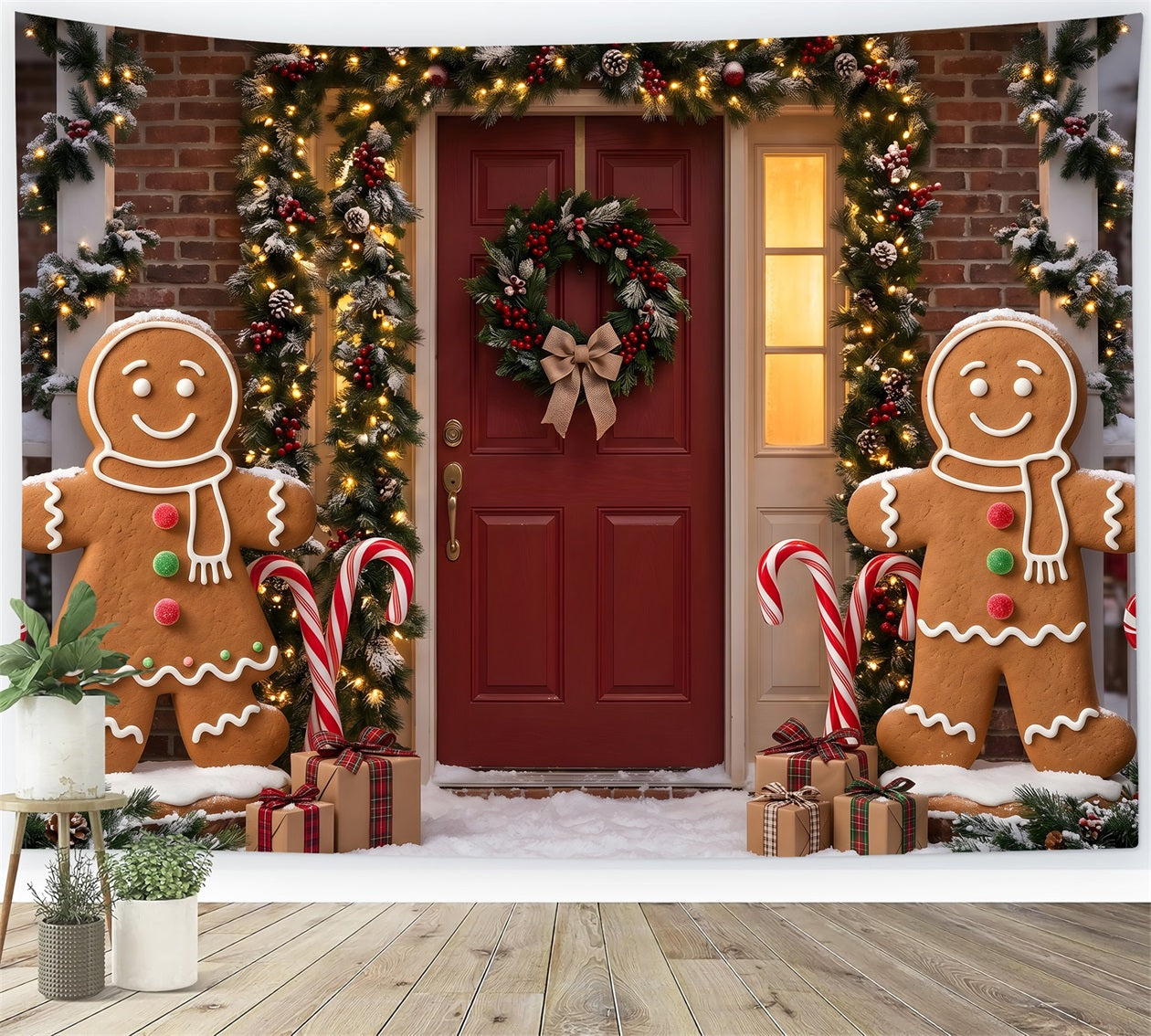 Backdrop Christmas Gingerbread Door Garland Candy Canes Christmas Photography Backdrop CEM65-94