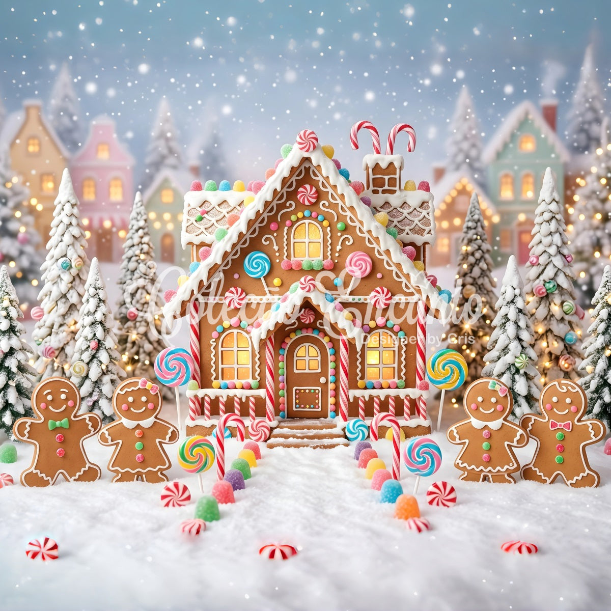 Christmas Backdrop Candy Gingerbread Village Snow Path Professional Christmas Backdrops CEM65-95
