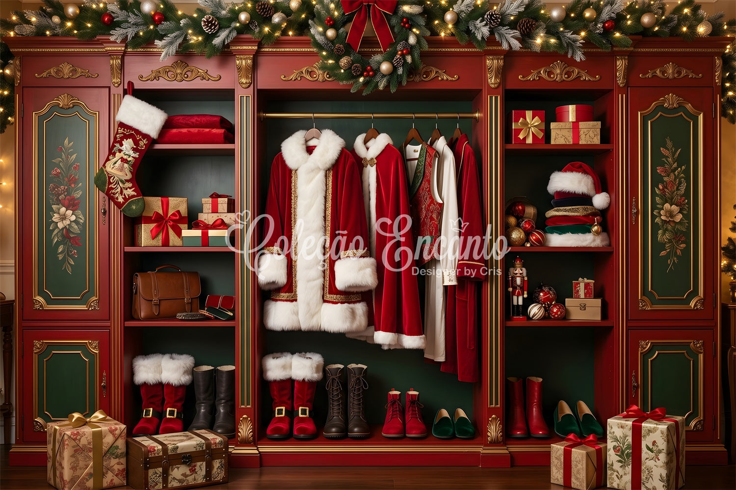 Vintage Christmas Backdrop Santa Wardrobe Holiday Closet Gifts Christmas Picture Backdrop CEM65-98