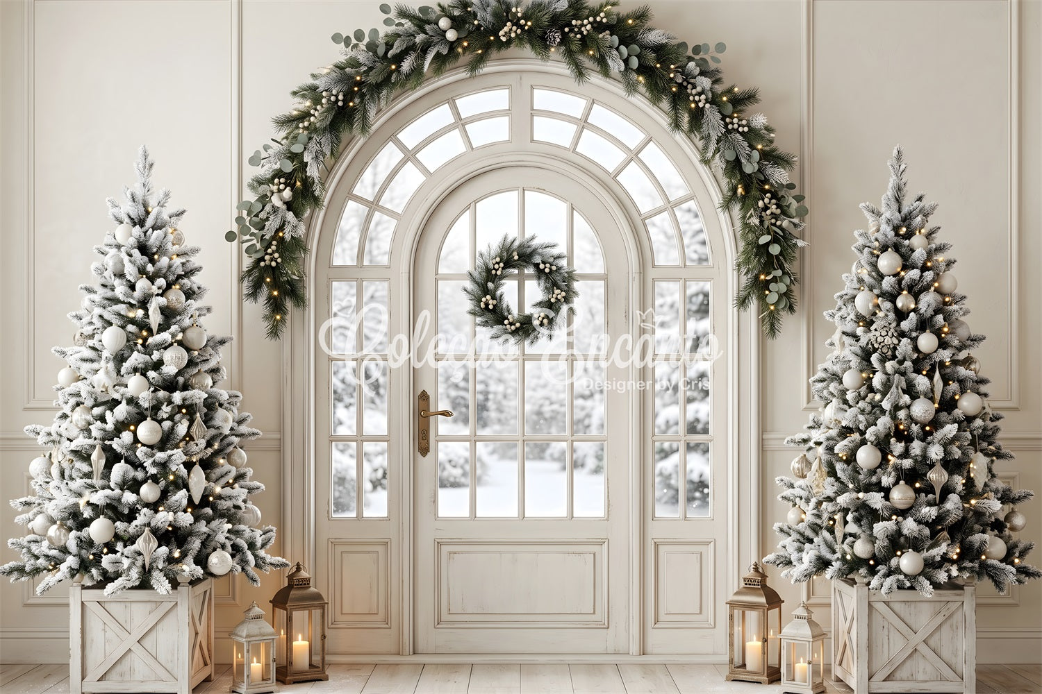 Christmas Living Room Backdrop Frosted Door Evergreen Lanterns Christmas Photo Backdrop CEM65-99