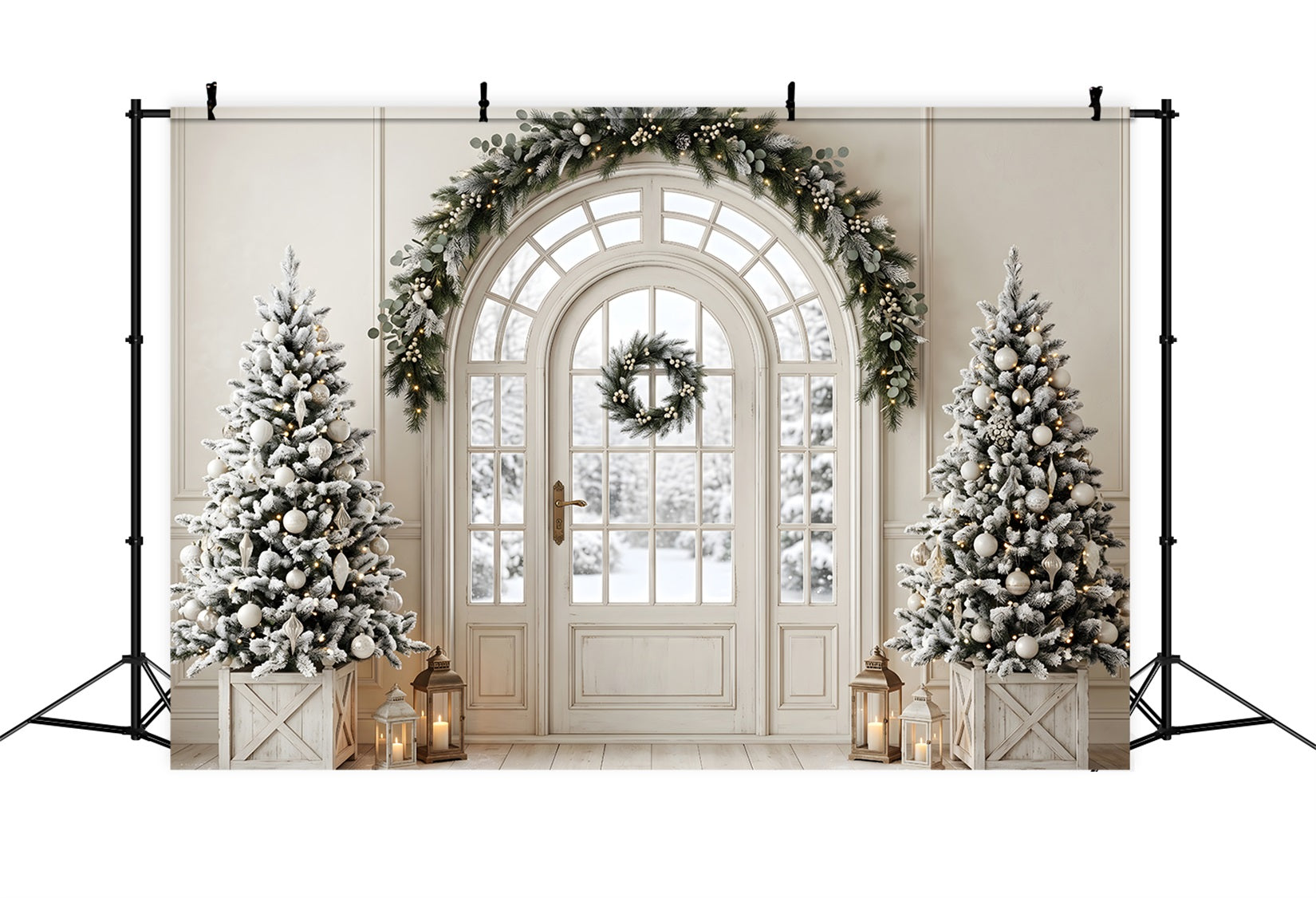 Christmas Living Room Backdrop Frosted Door Evergreen Lanterns Christmas Photo Backdrop CEM65-99