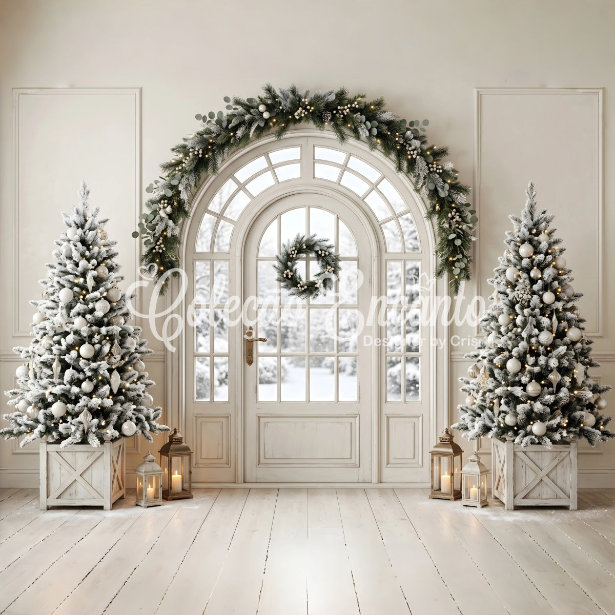 Christmas Living Room Backdrop Frosted Door Evergreen Lanterns Christmas Photo Backdrop CEM65-99