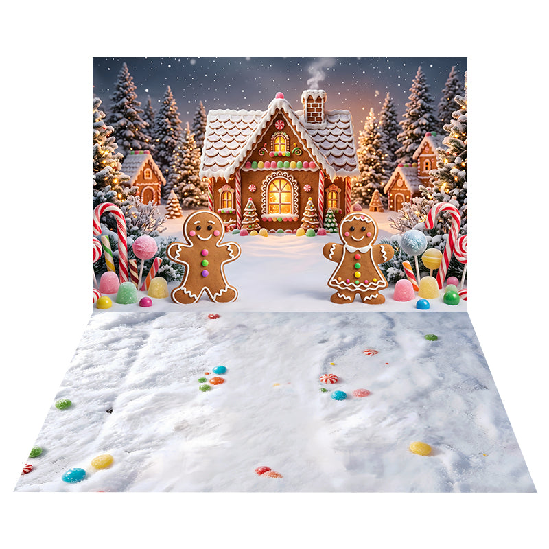 Gingerbread Candy Cottage Backdrop+Colorful Candy Snow Floor Backdrop CEMCBS65-10