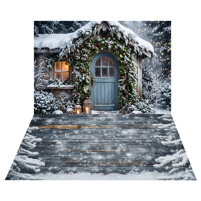 Snowy Cottage Blue Door Backdrop+Snowy Weathered Wood Floor Backdrop CEMCBS65-15