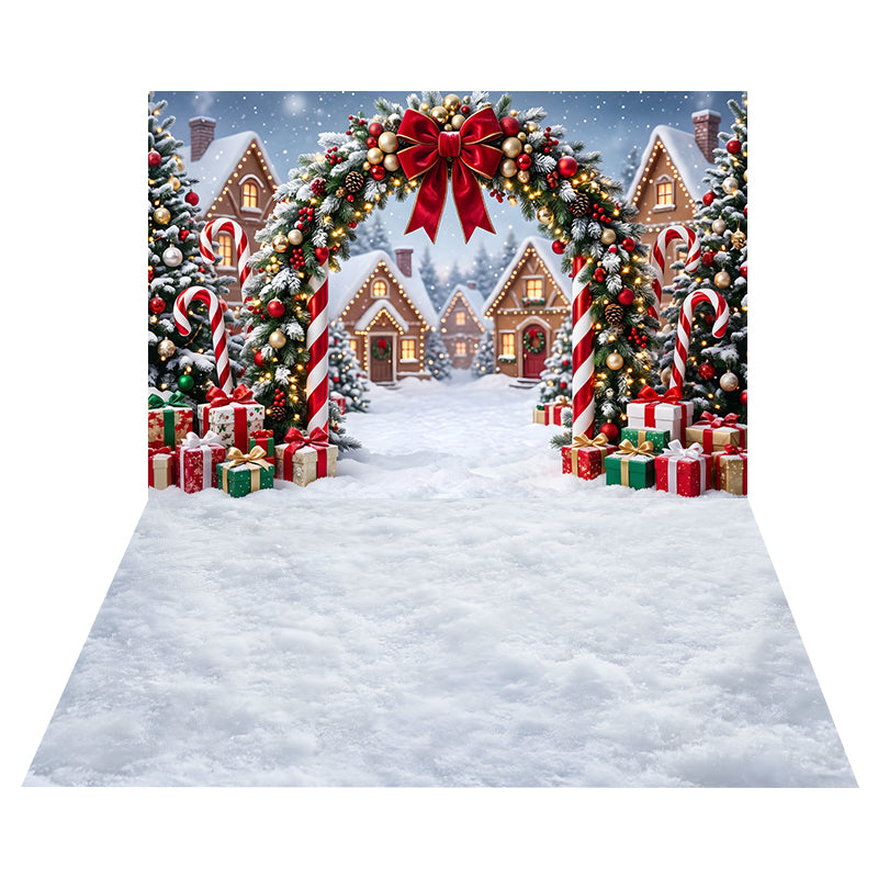 Candy Cane Village Arch Backdrop+Soft Snow Texture Floor Backdrop CEMCBS65-19