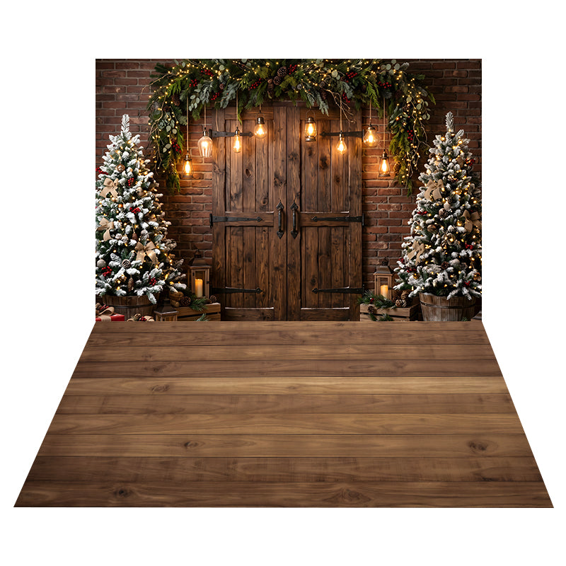 Rustic Garland Barn Doors Backdrop+Powdery White Snow Floor Backdrop CEMCBS65-22