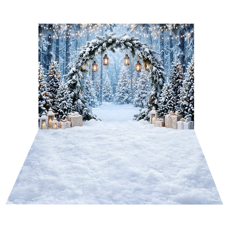 Snowy Forest Lantern Arch Backdrop+Soft White Snow Floor Backdrop CEMCBS65-23