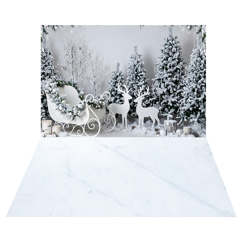White Reindeer Sleigh Forest Backdrop+White Marble Texture Floor Backdrop CEMCBS65-25