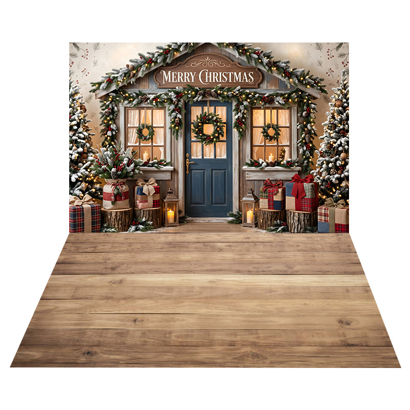 Rustic Christmas Cottage Door Backdrop+Natural Maple Wood Floor Backdrop CEMCBS65-37
