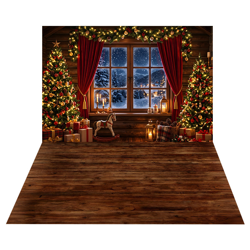 Cozy Cabin Window Backdrop+Warm Brown Wood Floor Backdrop CEMCBS65-4