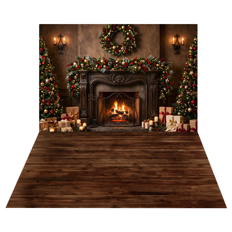 Elegant Garland Fireplace Backdrop+Dark Walnut Wood Floor Backdrop CEMCBS65-40