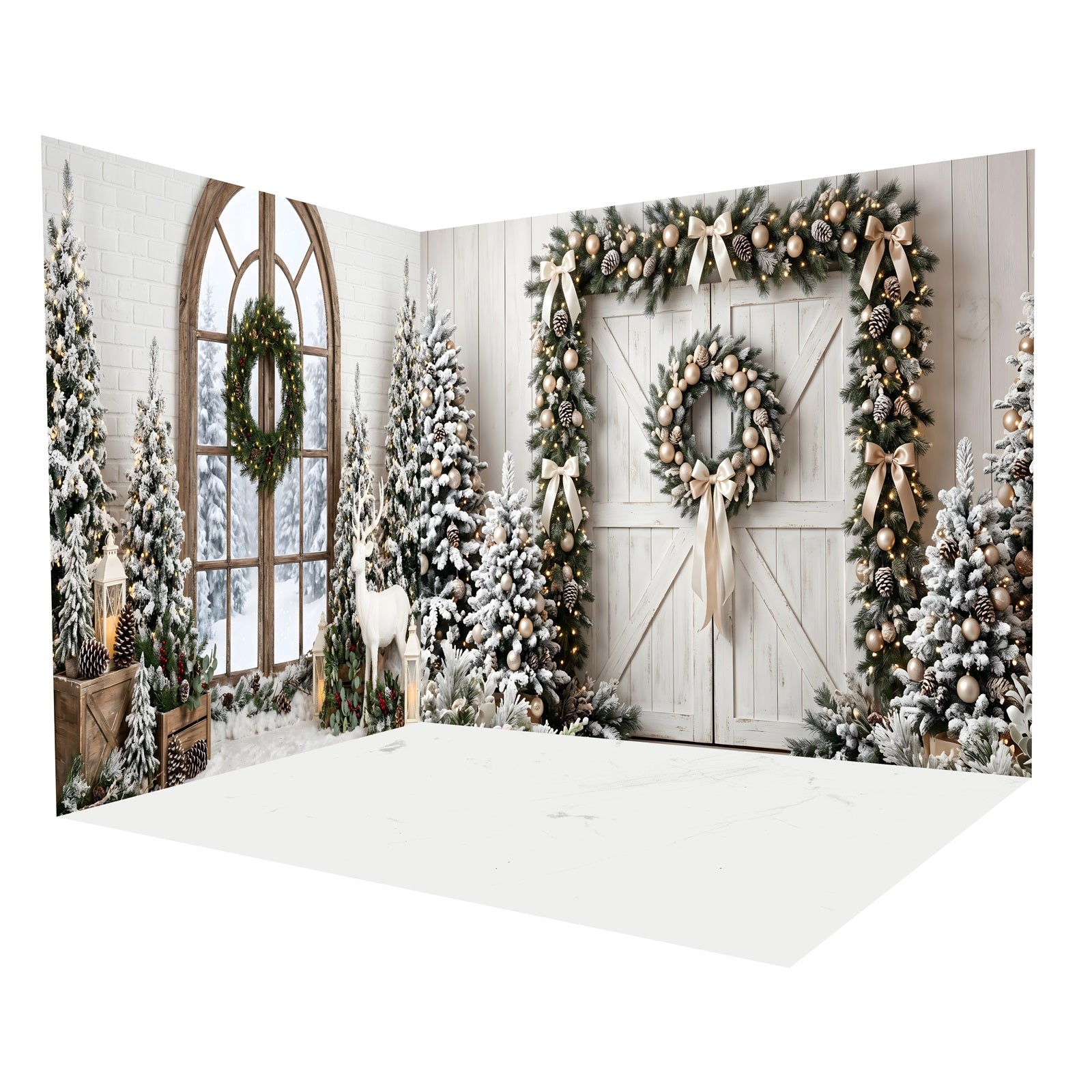 Christmas Backdrop Snowy White Barn Entrance Backdrop Room Set CEMRMS65-1