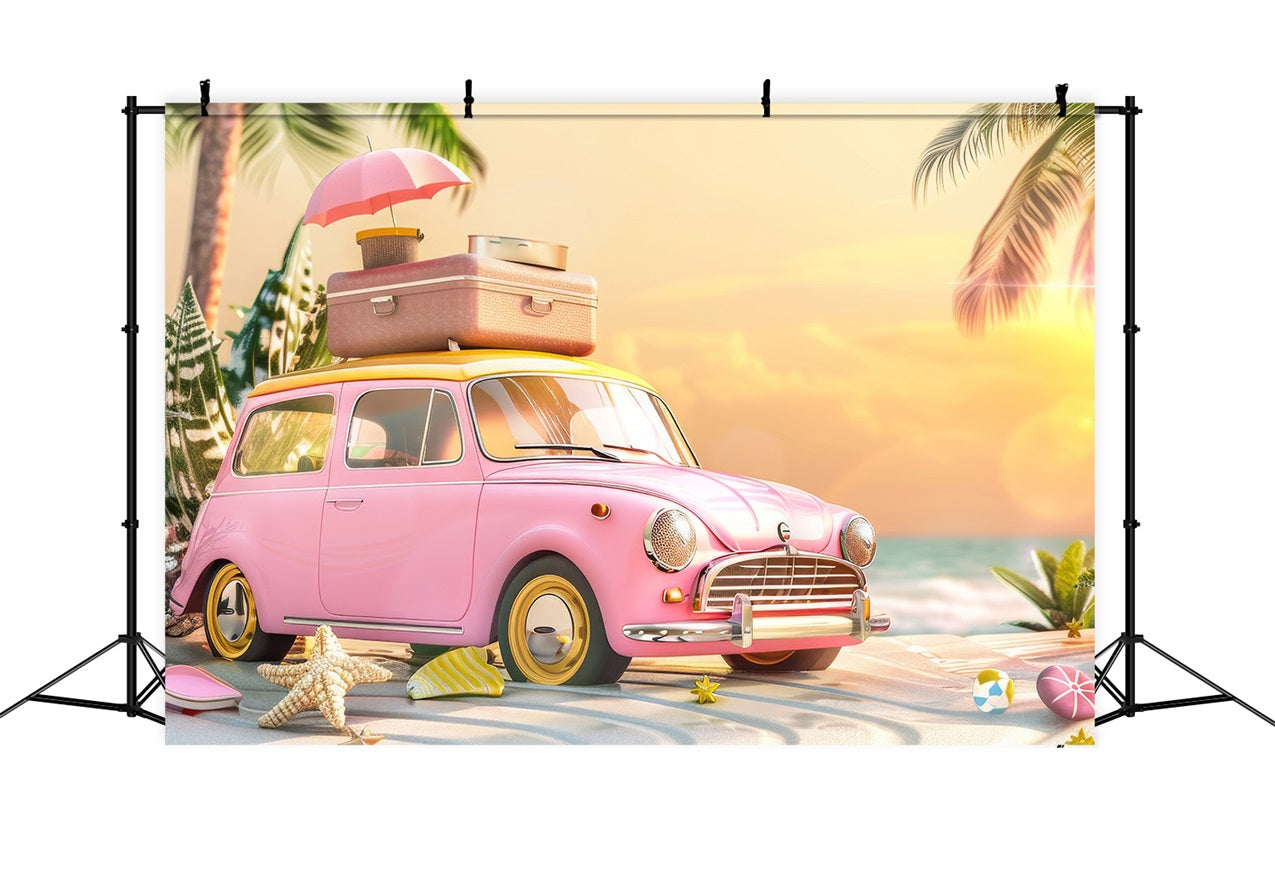 Backdrop Pink Girl Retro Car Pink Beach Backdrop CJJ2-102
