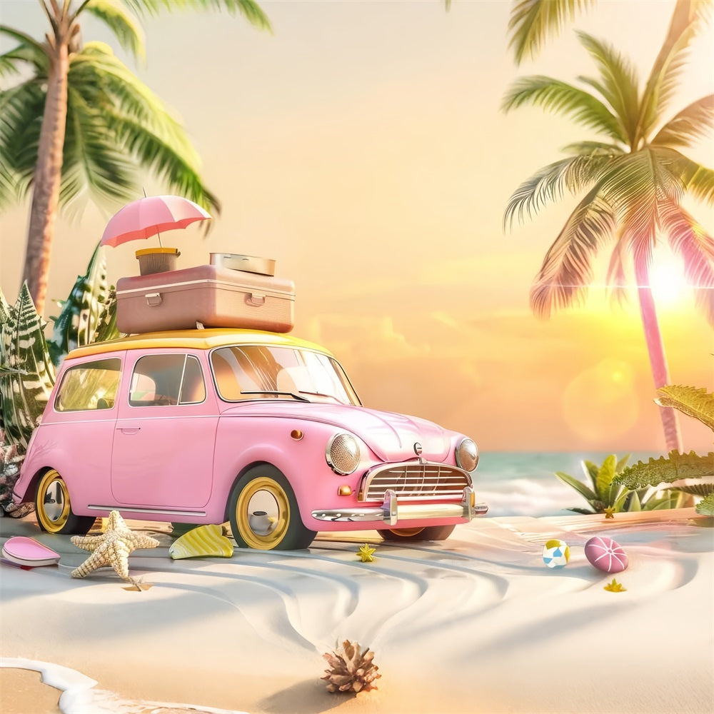 Backdrop Pink Girl Retro Car Pink Beach Backdrop CJJ2-102