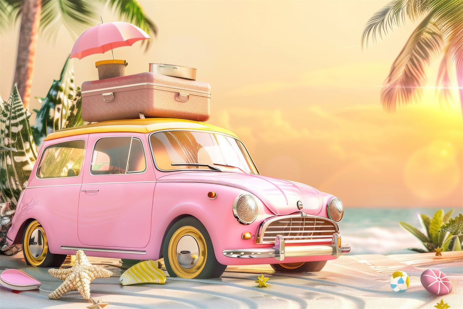 Backdrop Pink Girl Retro Car Pink Beach Backdrop CJJ2-102