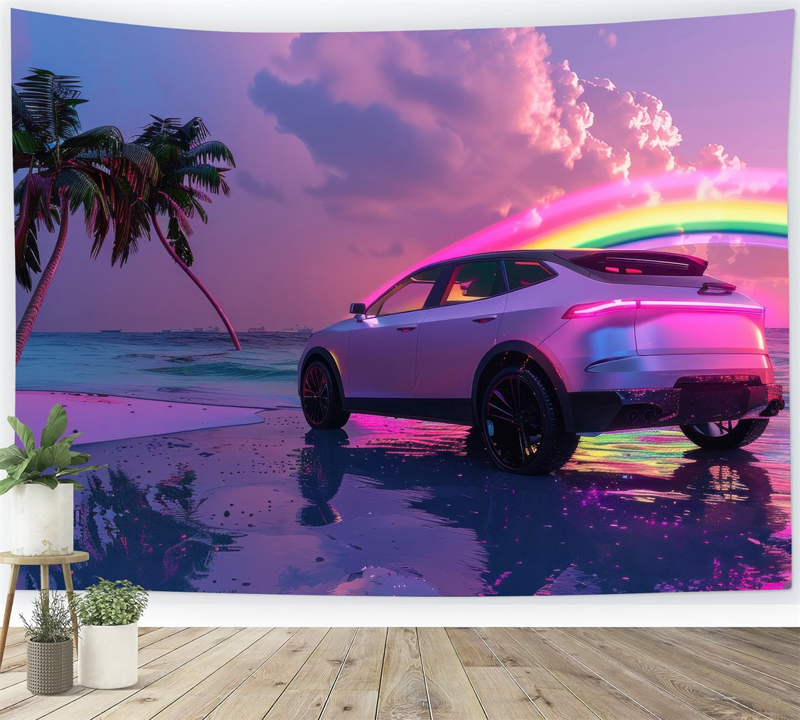 Pink Girl Movie Backdrop Tropical Neon Car Beach Backdrop CJJ2-106