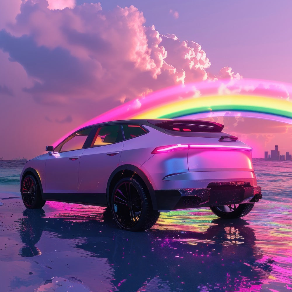 Pink Girl Movie Backdrop Tropical Neon Car Beach Backdrop CJJ2-106
