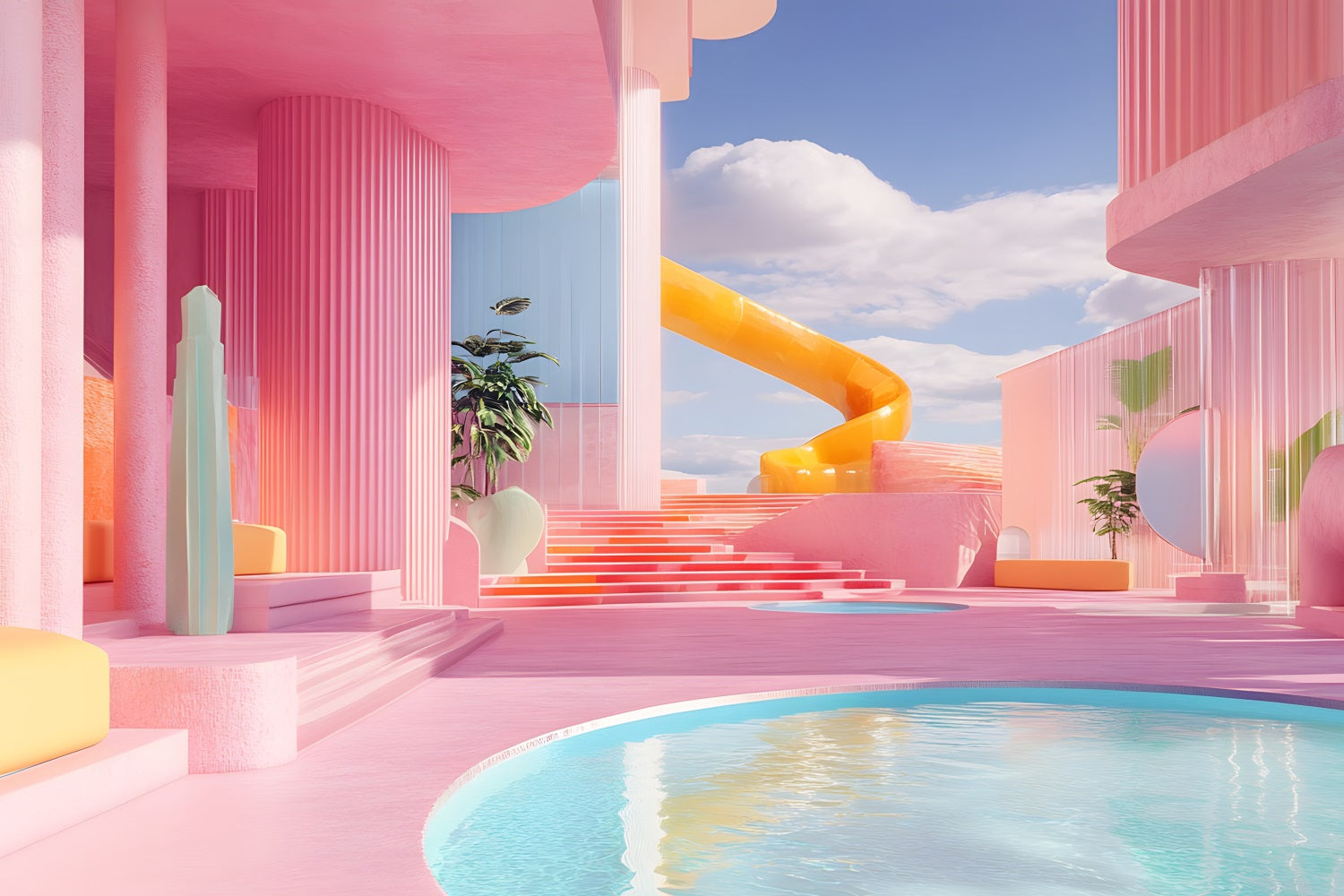 Pink Girl Land Backdrop Pink Fantasy Water Park Villa Backdrop CJJ2-112