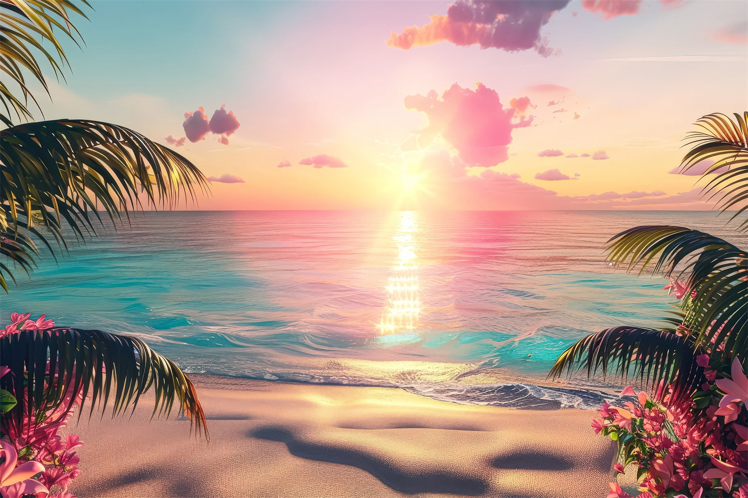 Pink Girl Backdrops Backdrop Sunset Paradise Pink Beach Backdrop CJJ2-113