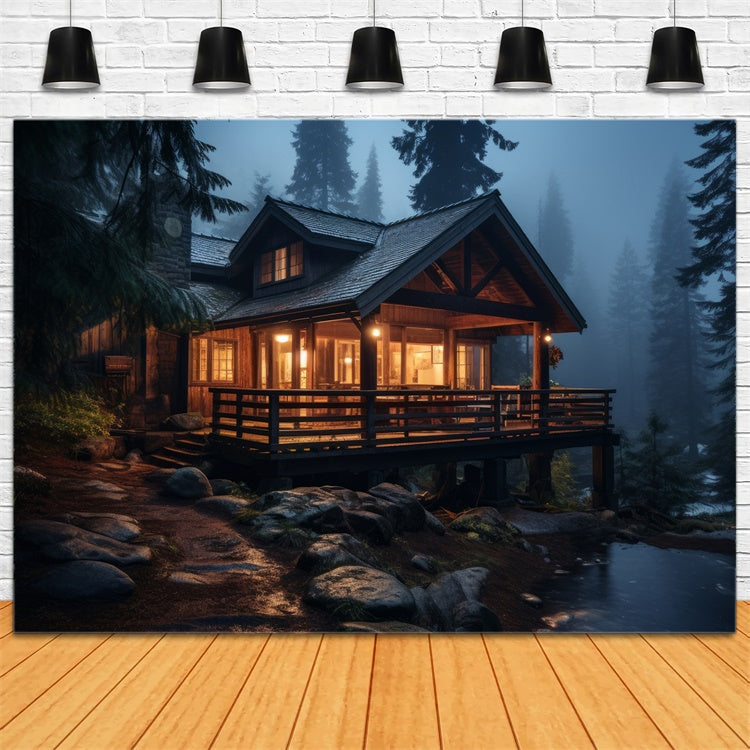 Forest Backdrop Photography Foggy Night Rustic Cabin Backdrop CJJ2-132