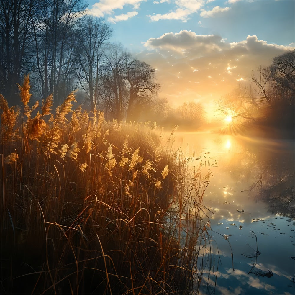 Forest Photography Backdrop Tranquil Reeds Sunlit Lake Backdrop CJJ2-136