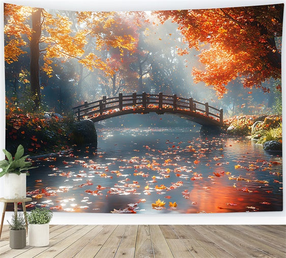 Autumn Forest Backdrop Tranquil Maple Leaves Bridge Backdrop CJJ2-52
