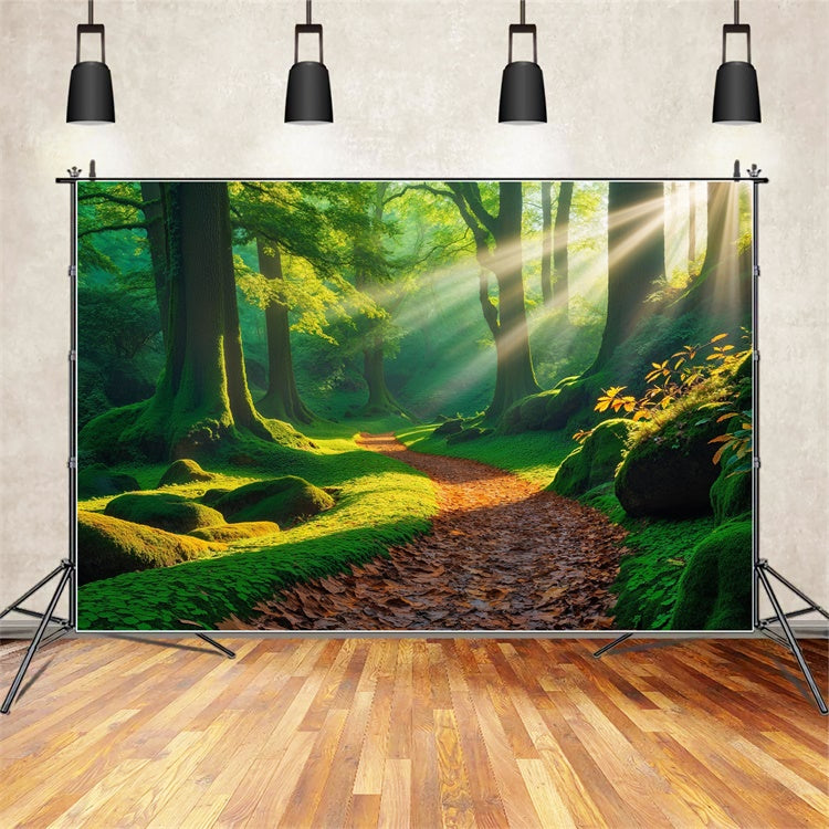 Forest Backdrop Photography Golden Sunbeam Mossy Path Backdrop CJJ2-53