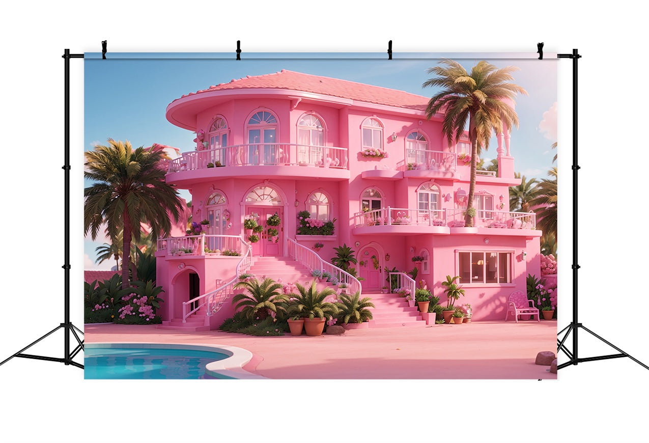 Pink Girl Backdrop House Backdrop Tropical Paradise Pink Villa Backdrop CJJ2-84