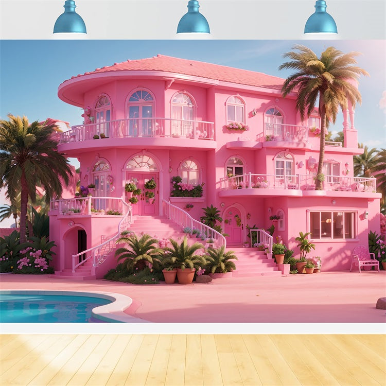 Pink Girl Backdrop House Backdrop Tropical Paradise Pink Villa Backdrop CJJ2-84