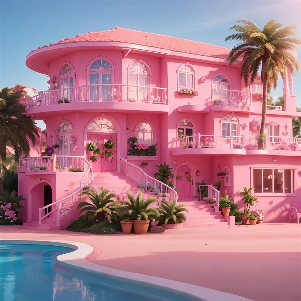 Pink Girl Backdrop House Backdrop Tropical Paradise Pink Villa Backdrop CJJ2-84