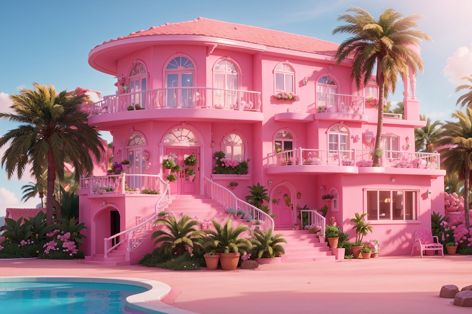 Pink Girl Backdrop House Backdrop Tropical Paradise Pink Villa Backdrop CJJ2-84