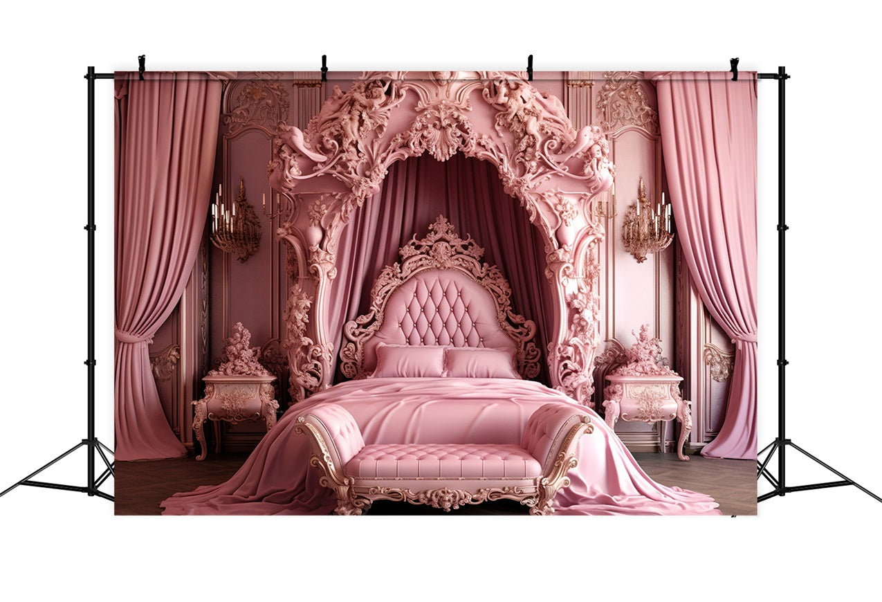 Pink Girl Dream House Backdrop Baroque Pink Bed Backdrop CJJ2-85