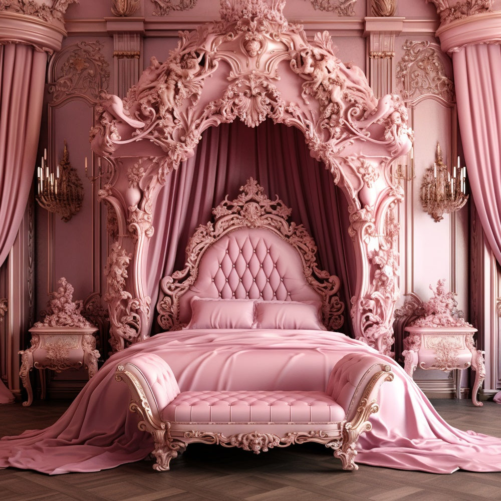 Pink Girl Dream House Backdrop Baroque Pink Bed Backdrop CJJ2-85