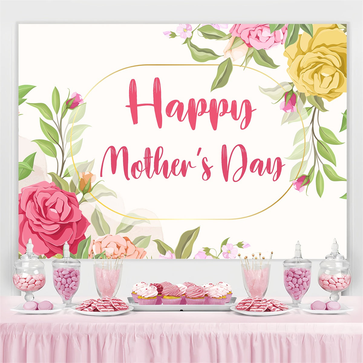 Mothers Day Backdrops Golden Frame Floral Watercolor Custom Backdrop CJJ3-161