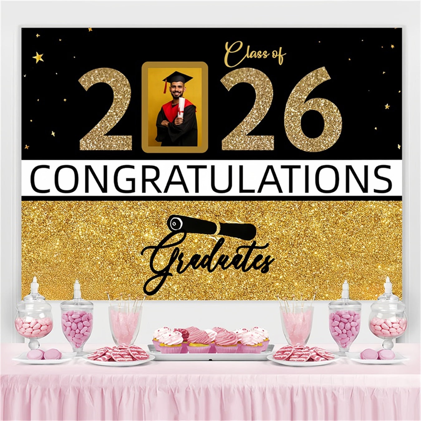 2026 Graduation Backdrop Glittering Gold Frame Personalized Party Graduation Backdrop CJJ3-276