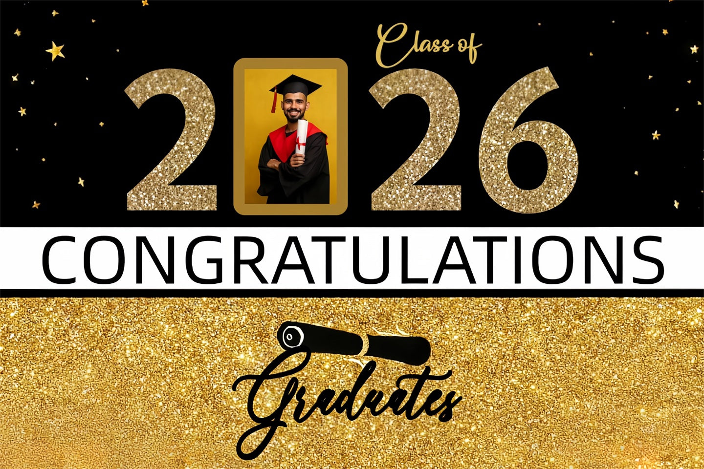 2026 Graduation Backdrop Glittering Gold Frame Personalized Party Graduation Backdrop CJJ3-276