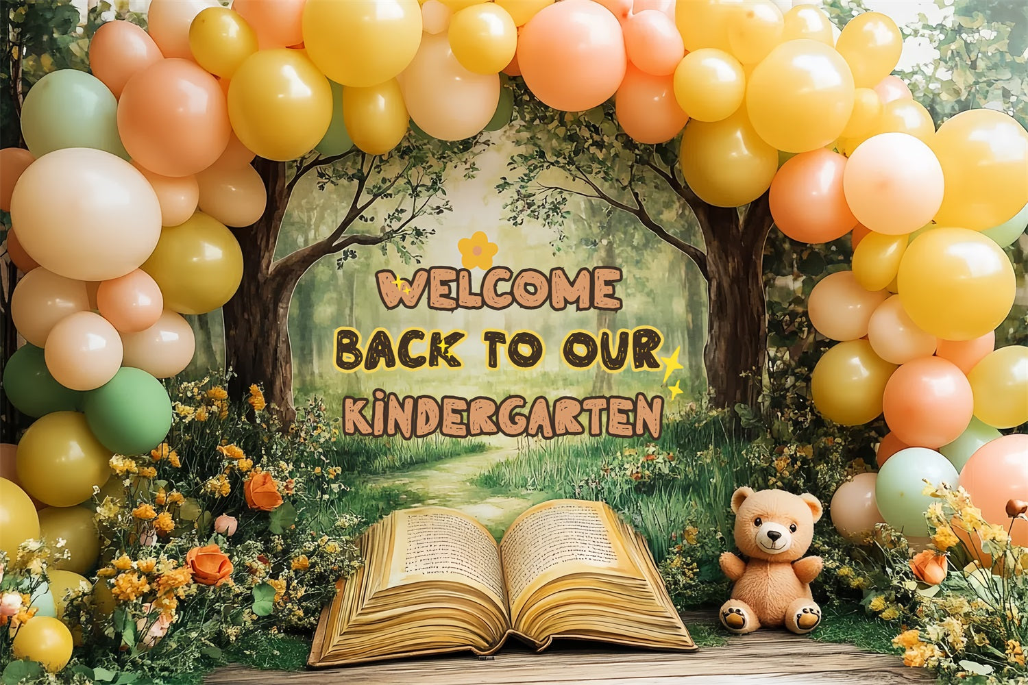 Back To School Backdrop Sunny Meadow Kindergarten Balloon Backdrop CSH3-35