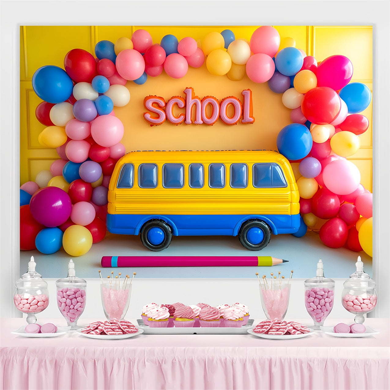 Backdrop For Back To School Cheerful Yellow School Bus Backdrop CSH3-38