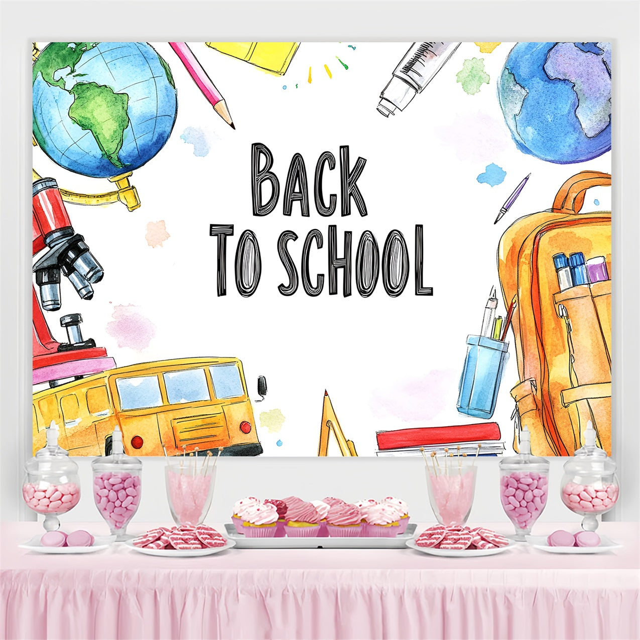 Backdrop For Back To School Watercolor School Supplies Backdrop CSH3-50