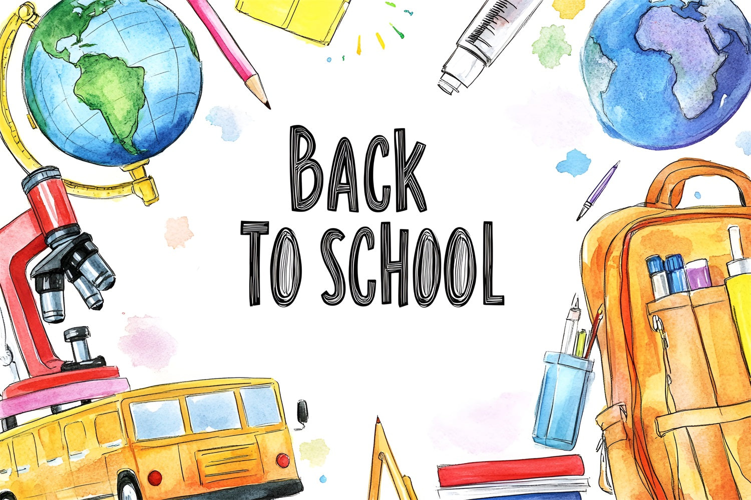 Backdrop For Back To School Watercolor School Supplies Backdrop CSH3-50