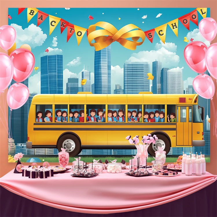 Backdrop For Back To School Yellow School Bus Cityscape Backdrop CSH3-55