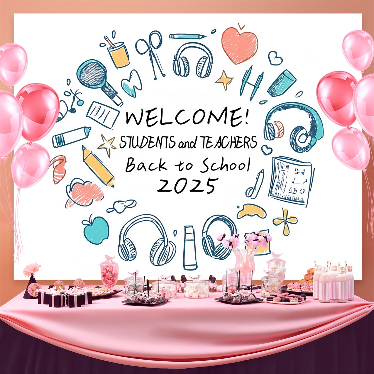 Backdrop For Back To School Hand Drawn School Supplies Backdrop CSH3-58